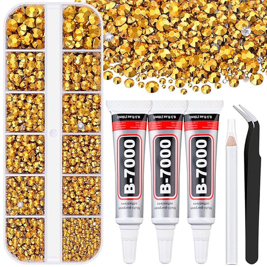 6000Pcs Resin Rhinestones for Bedazzling with 3Pcs B7000 Jewelry Glue, 1 Box Mine Gold Flatback Rhinestones for Crafting Crafts DIY, Crystals Gems for Clothing Shoes Tumblers Nail Art Makeup