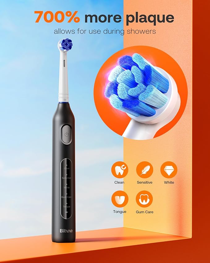 Bitvae Water Dental Flosser Teeth Picks, Cordless Water Flosser for Teeth, Braces, Dental Care and Rechargeable Rotary Electric Toothbrush Combo Set, 4 Tips, 4 Brush Heads, Waterproof, Black, C5+R1