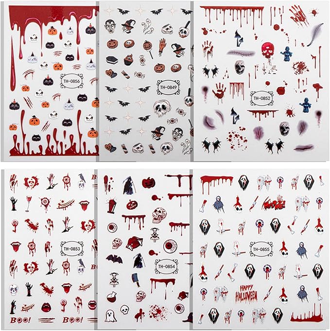 Halloween Nail Stickers - Halloween Nail Decals,3D Self-Adhesive Ghost Skull Elements Nail Art Decals Holiday Nail Stickers for Women Grils (6 Sheets)