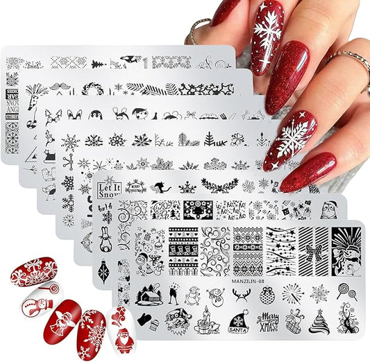 Christmas Nail Stamping Plates - Winter Stamp Kit with Snowflake, Santa Claus, Christmas Tree, Elk & Candy Bells Designs - DIY Stainless Steel Nail Image Polish Template Kit (8Pcs)