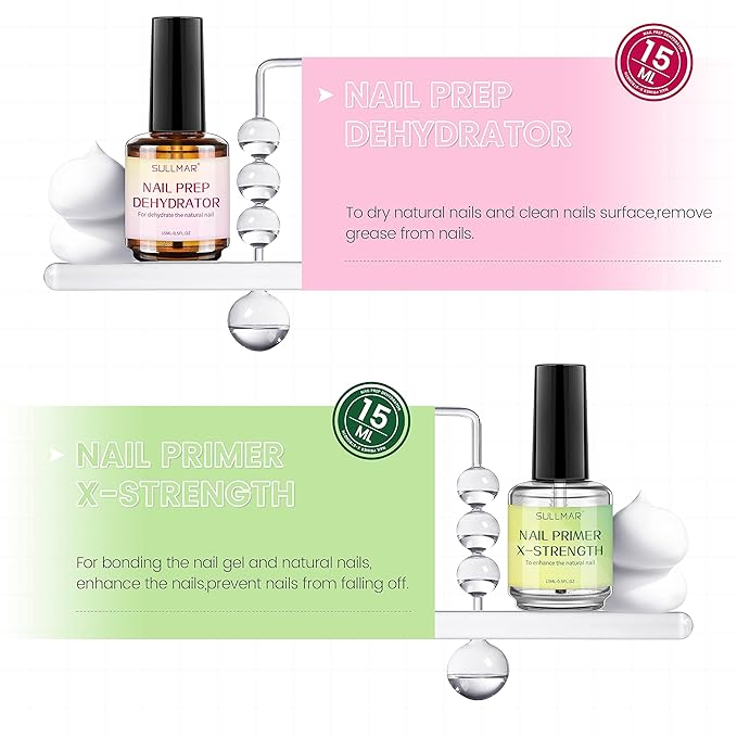 15ml Nail Prep Dehydrator & Primer X-Strength Set - Nail Bonding Kit with Cuticle Oil & Strengthener
