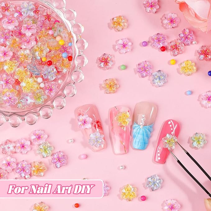 300Pcs Flower Nail Charms Kit, 100Pcs 3D Resin Cherry Nail Charms and 100Pcs Pearls with 100Pcs Macaron Beads, Colorful Hibiscus Floral Tiny Gems Round Beads for Women Manicure Craft DIY