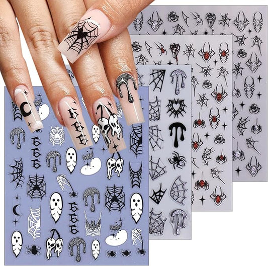 4 Sheets Halloween Nail Art Stickers Decals 3D Self-Adhesive Ghost Skull Cherry Nail Decals Holographic Glitter Design Bat Water Drop Spider Web Nail Stickers Holiday Nail Decorations for Women