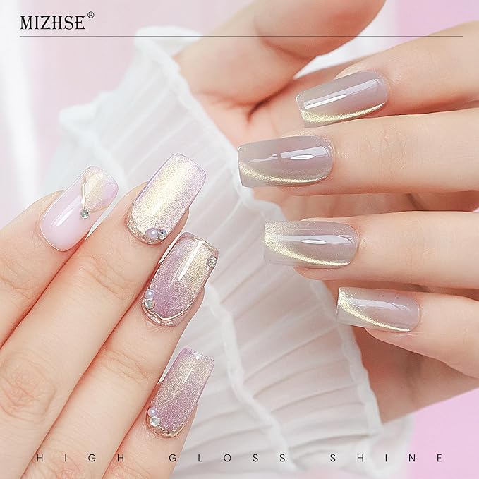 MIZHSE Cat Eye Gel Nail Polish, 8 Colors Glass Magnetic Gel Polish Set with Magnet Stick, Crystal Jelly Pink Purple Colors with Gradual Gold Cat Eye Effect Nail Polish Soak Off Nail Art Gift for Women