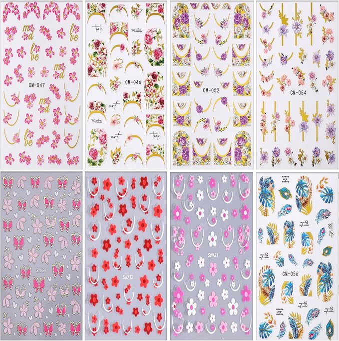 8 Sheets Flower Nail Art Sticker 3D Self-Adhesive Nails Stickers Floral Butterfly Nail Art Decals Holographic Blossom Decal for Women Hot Stamping French Manicure Stickers DIY Nail Supplies