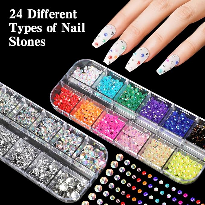 6 Boxes Nails Charms, 15 Sheets Gold Stickers, Shiny Colorful Nail Art Rhinestones Kit, 3D Nail Gems, Decals, Stickers and Pearls, Dotting Tools, DIY Accessories, Nails Decoration