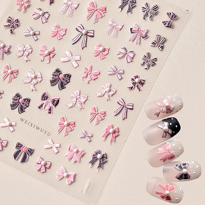 Pink Embossed Bow Nail Art Sticker 5D Cute Rhinestone Bow Elegant Pearl Design Women DIY Nail Art Decorationn