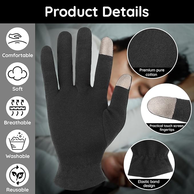 Segbeauty 8 Counts Elastic Touchscreen Black Sleeping Cotton Gloves Liners, 4 Pairs Hand Moisturizer Gloves with Elastic Band, Soft Sleeping Work Glove for Dry Hands Overnight Care Lotion Cotton Glove