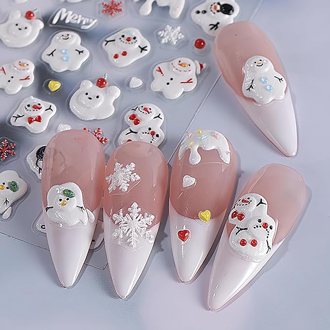 Christmas Nail Art Stickers 5D Embossed Nail Decals Xmas Snowman Winter Red and White Snowflake Design Nail Stickers Decoration for Women Girls 1 Sheet