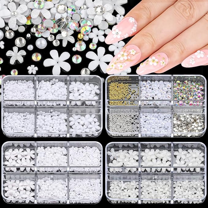 4 Boxes 3D Flower Nail Charms and Gems - White Nail Flower Charms Crystal AB Clear Gemstones Silver/Gold Caviar Beads White/AB Pearls for Women DIY Manicure Crafts (17-S4-White)