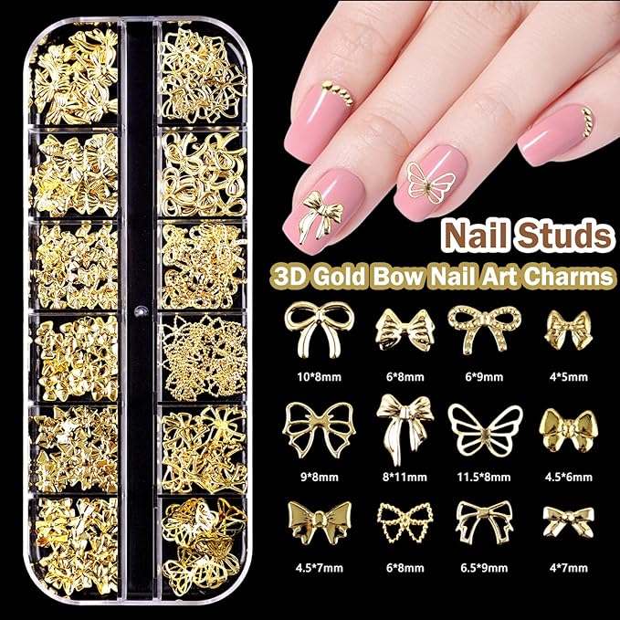3D Nail Charms and Gems Set, Color Candy Bow Star Heat Nail Art Charms,Flatback AB Gems+Gold Bow Nail Studs+Gravel Diamond,Mixed Nail Rhinestones Manicure Kit Nail Art DIY Decoration with Pickup Tools