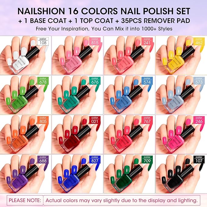Nail Polish 16 Colors Rainbow Air Dry Regular Nail Polish Set with Base Top Coat & Remover Pads| White Red Classic French Fingernail Polishes Non-gel Bulk Gift for Nail Art Lovers