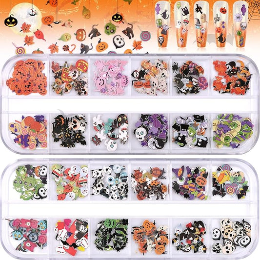 Kalolary Halloween Nail Art Sequins, 3D Skull Spider Pumpkin Bat Ghost Witch Stickers for Acrylic Nails, Halloween Wood Pulp Glitter Flakes for Nail Art Decorations