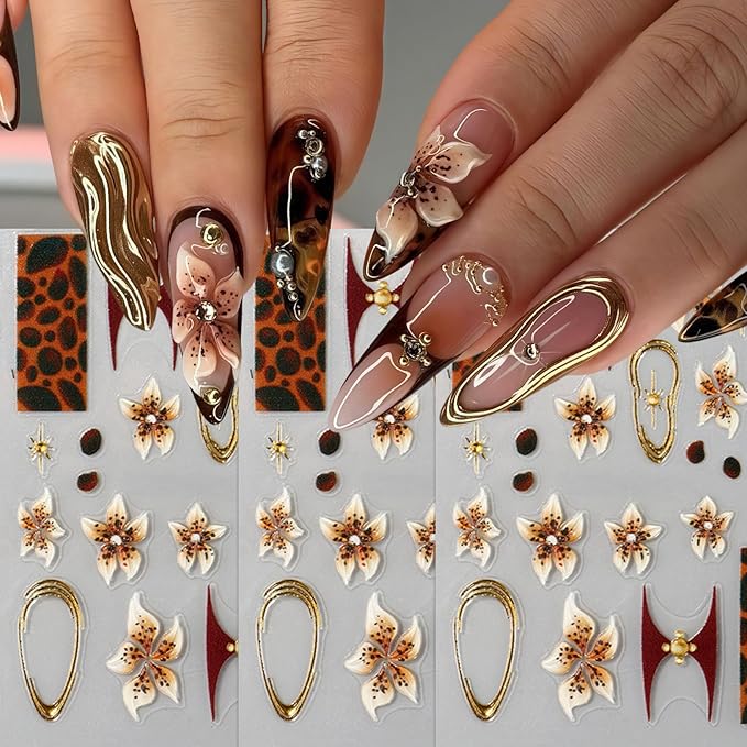 3 Sheets Brown Leopard Print Nail Stickers 5D Embossed Floral Nail Decals Exquisite Line Fall Brown Leopard Print Flower Nails Design Gold Stars Nails Supplies for Women Autumn Winter Manicure Decor
