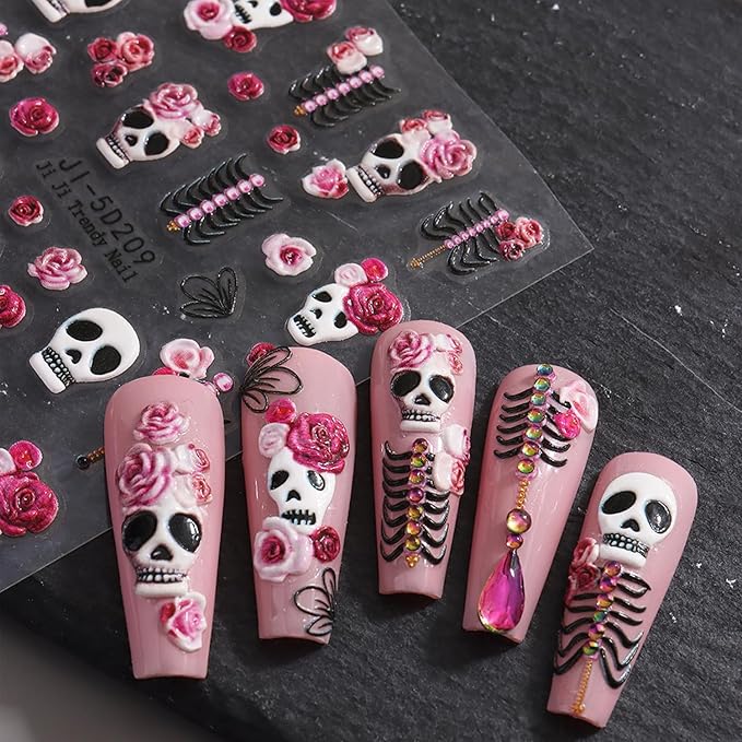 2Sheets Halloween Nail Art Stickers 5D Embossed Skull Bones Nail Decals with Cute Rose Flowers Designs Nail Stickers Self-Adhesive Skeleton Floral Nail Decal for Women DIY Manicure Decoration Supplies