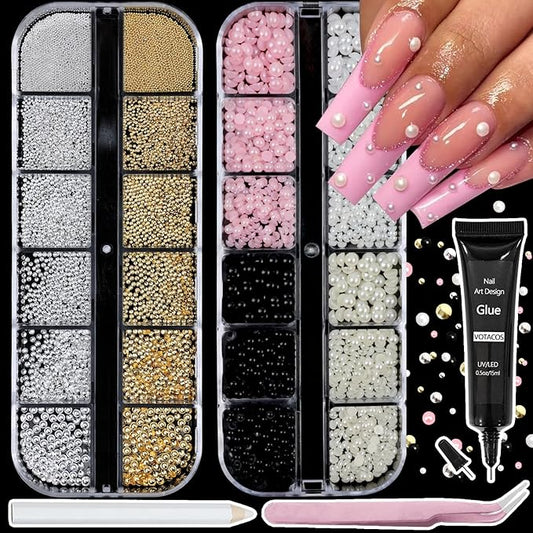 Nail Art Pearls with Rhinestones Glue Gel Flatback Pearls Nail Charms Luxurious Nails Supplies Accessories Gold Silver Gems Jewelry Colorful Pearl for Women Nails Design(4 Colors)
