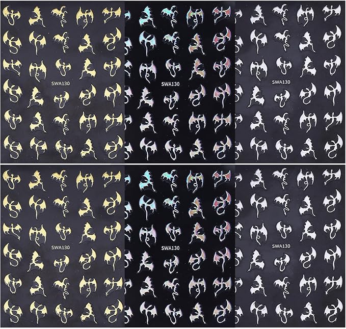 6 Sheets Halloween Nail Stickers for Nail Art Horror Bat Nail Decals Gold Silver Holographic Laser Gothic Dragon Nail Art Stickers 3D Self-Adhesive Halloween Bats Nail Design Supplies for Women