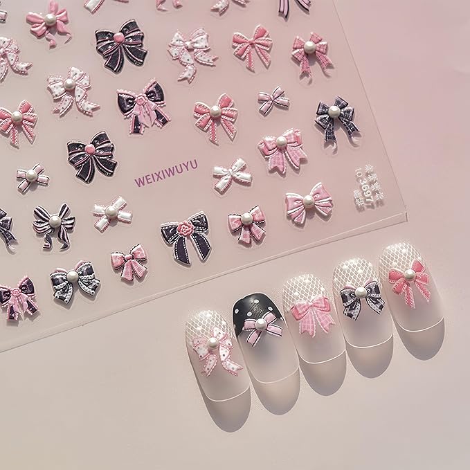 Pink Bow Knot Nail Art Stickers 5D Self-Adhesive Embossed Cute Bow Nail Decals Rhinestones Bow-Knot Elegant Pearl Design Nail Stickers for Women DIY Manicure Decorations