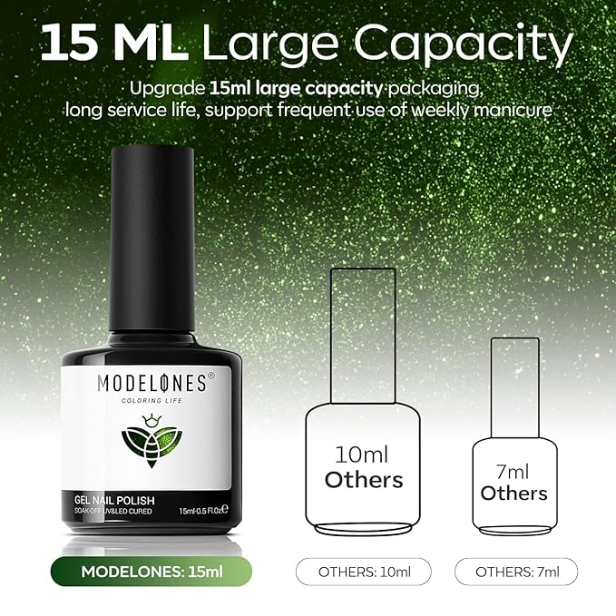modelones Cat Eye Gel Nail Polish, 15 ML Jelly Glass Green Gel Polish with Magnet Holographic Glitter Shimmer Translucent Sheer Color Magnetic Spring Nail Polish Top Coat Salon DIY at Home