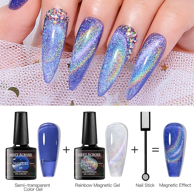 MEET ACROSS Rainbow Cat Eye Gel Nail Polish 5 Colors Jelly Magnetic Cat Eye Gel Nail Polish Set Soak Off UV LED Light Nail Kit Gift Box with Free Magnet Stick for Home DIY Manicure Varnish Art Design