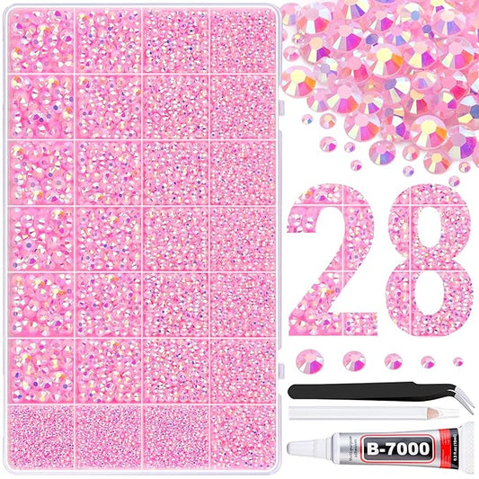 30000Pcs Resin Rhinestones for Bedazzling with Tweezers, Light Pink AB Rhinestones for Crafting with B7000 Jewelry Glue for DIY Crafts Clothing Tumblers Shoes Fabric Nail Art