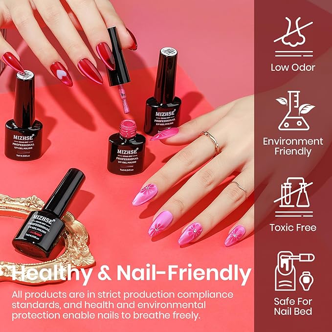 MIZHSE Cat Eye Gel Nail Polish, Pink Magnetic Gel Polish Set with Magnet Stick, Glossy Finish Neon Hot Pink Soak Off Nail Art Manicure Salon DIY Home Women Gift