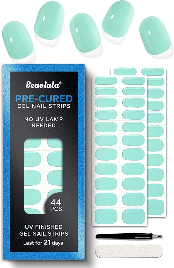 Pre Cured Gel Nail Strips - 44PCS Salon Quality Gel Nail Stickers - Long Lasting Polish Wraps for Women no UV Light Needed Easy Apply& Remove (Honeydew Green)