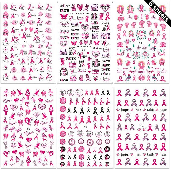 6 Sheets Breast Cancer Nail Art Stickers 3D Self-Adhesive Heart Letter Nail Stickers Pink Ribbon Nail Decals Breast Cancer Awareness Nail Design Supplies for Women Acrylic DIY Manicure Salon