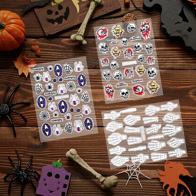 MUIIIGOOD 3 Sheet Halloween Nail Art Stickers Gradient Pumpkin, Horror Skull Ghost Mask Eyes Nail Decals, 3D Self-Adhesive Spider-Web Bat Design for DIY Nail Supplies Decoration Manicure Accessories