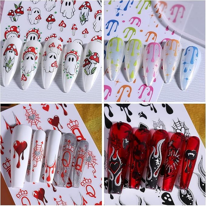 Halloween Stickers for Nails Art 12PCS 3D Cute Ghost Skull Nail Decals with Tweezers Self Adhesive Luminous Designs Acrylic Nails Supplies Bat Skeleton Spider Web Stickers for Women Girl DIY Decor