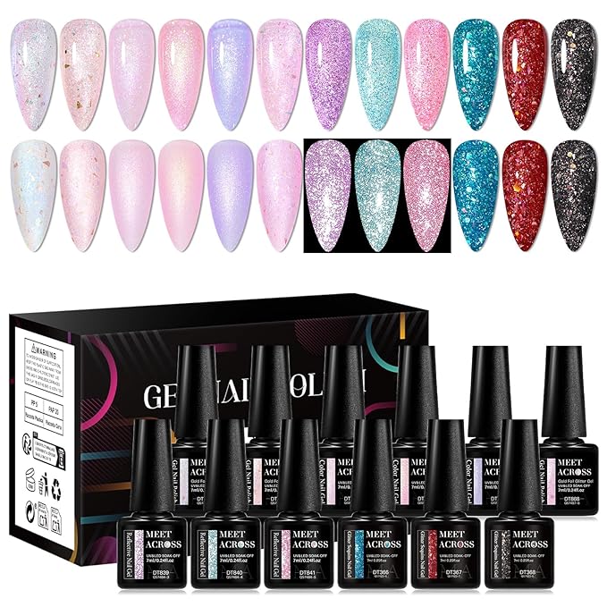 MEET ACROSS 12PCS Gel Nail Polish Set, 12 Colors Gel Nail Kit Art Design Soak Off UV LED,Nail Art Design Gifts for Women (SET-8, 12PCS)