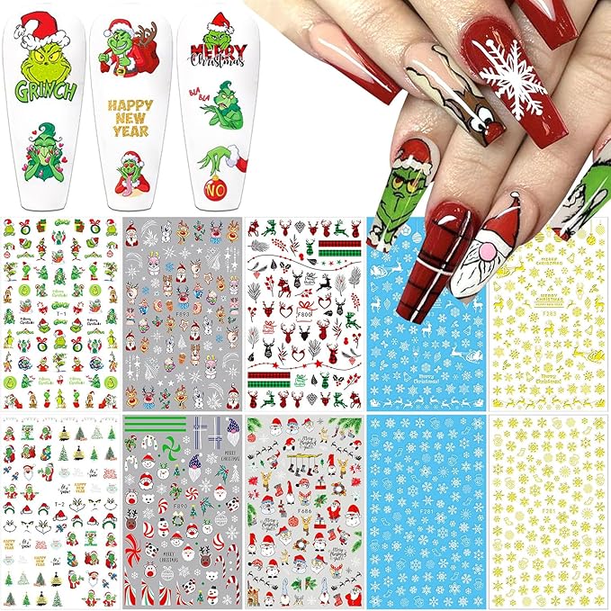 10 Sheets Christmas 3D Nail Art Decals - Gold White Snowflake Santa Claus Snowman Buffalo Plaid Reindeer Winter Xmas Stickers for Women Girls Nail Decorations