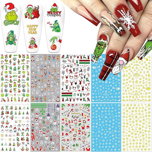 10 Sheets Christmas 3D Nail Art Decals - Gold White Snowflake Santa Claus Snowman Buffalo Plaid Reindeer Winter Xmas Stickers for Women Girls Nail Decorations