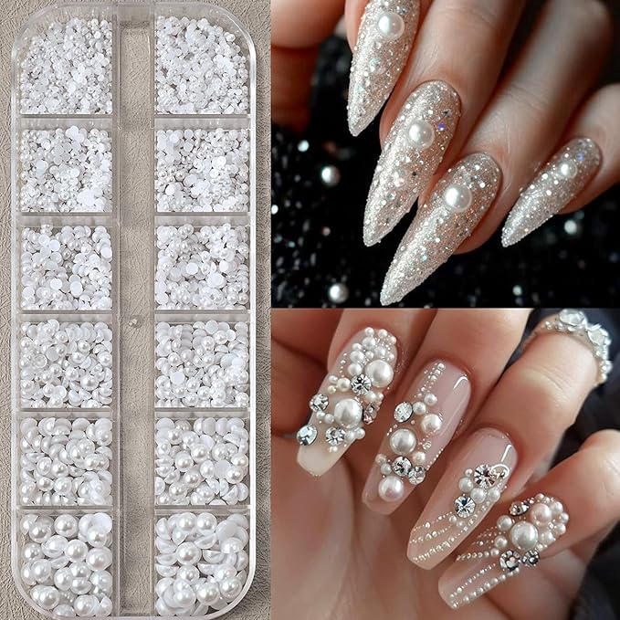 12Grids Pearls Nail Charms Nail Art Rhinestones for Acrylic Nails 3D Multi Sizes Half Round Pearl Nail Charms White Flat Back Design Nail Jewelry for Women DIY Nail Art Crafts Decoration Supplies