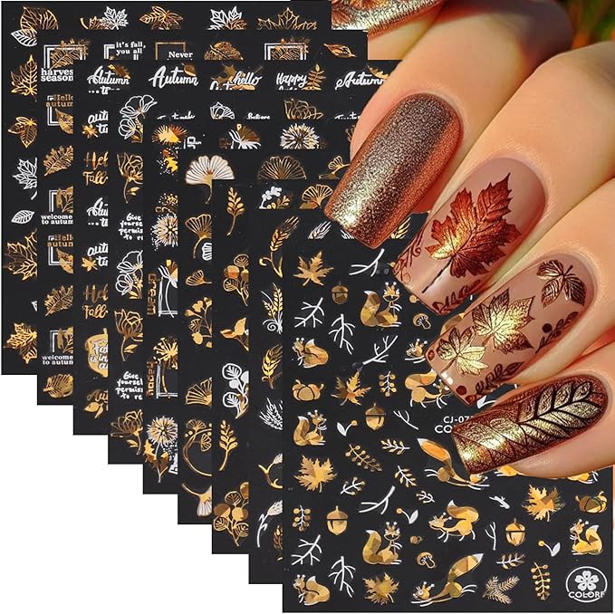9 Sheets Fall Nail Stickers for Nail Art Maple Leaf Nail Decals Flower Tree Maple Leaves Design Decals D Self-Adhesive Glitter Gold Nail Sticker Thanksgiving Day Nail Art Stickers for Nails Tips