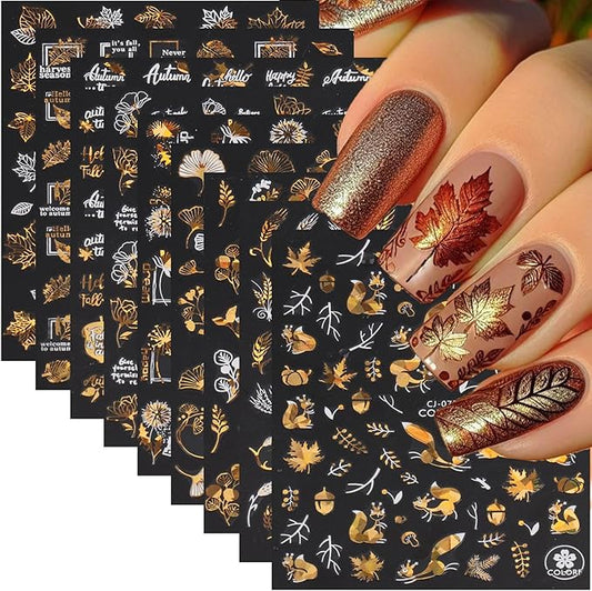 9 Sheets Fall Nail Stickers for Nail Art Maple Leaf Nail Decals Flower Tree Maple Leaves Design Decals D Self-Adhesive Glitter Gold Nail Sticker Thanksgiving Day Nail Art Stickers for Nails Tips