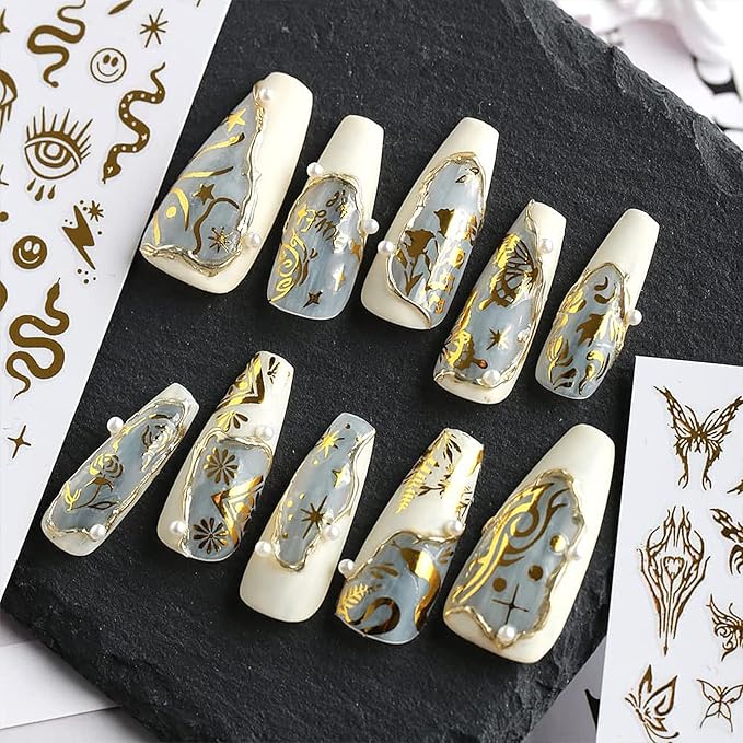 6 Sheet Gold Nail Stickers Black Snake Eyes Leaf Nail Art Stickers 3D Self-Adhesive Bronzing Sun Star Decals Starlight Nail Design Sticker for Acrylic Nail Supplies Women Nail Decorations