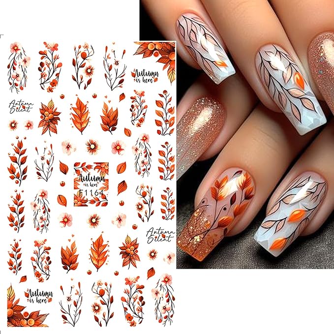 6pcs/Set Fall Maple Leaf Flower Nail Stickers for Nail Art Autumn Pumpkin Self-Adhesive Nail Decal 3D Floral & Leaves Design Nail Accessories Slider Thanksgiving DIY Manicure Decoration for Women