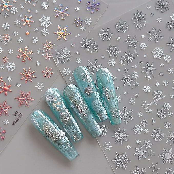 2 Sheets Snowflake Nail Stickers 3D Self-Adhesive Laser Silver Snow Flake Holiday Nail Art Stickers Winter Xmas Nail Decals Snowflake Nails Design Christmas Sticker Decoration for Women Nail Art Kit