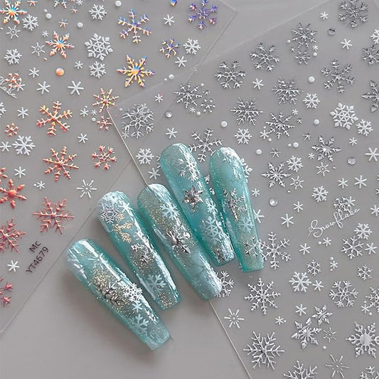 2 Sheets Snowflake Nail Stickers 3D Self-Adhesive Laser Silver Snow Flake Holiday Nail Art Stickers Winter Xmas Nail Decals Snowflake Nails Design Christmas Sticker Decoration for Women Nail Art Kit