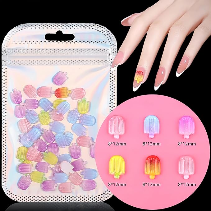 50Pcs Summer Colorful Ice Cream Nail Art Charms Kawaii Nail Charms for Acrylic Nails Mini Ice Lolly Summer Flatback Nail Rhinestones for Women Nails DIY Nail Supplies Cute Nail Art Craft Accessories
