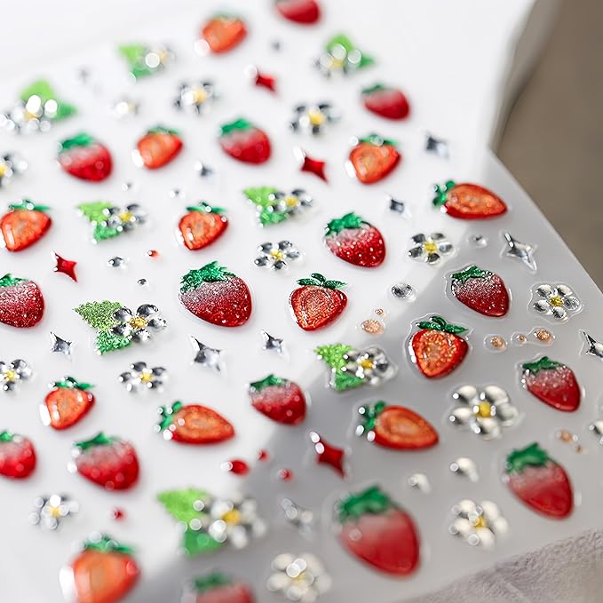1 Sheet Strawberry Nail Art Sticker 5D Embossed Self-Adhesive Gold Print Strawberry Fruit Nail Art Sticker Women Girls DIY Nail Decoration