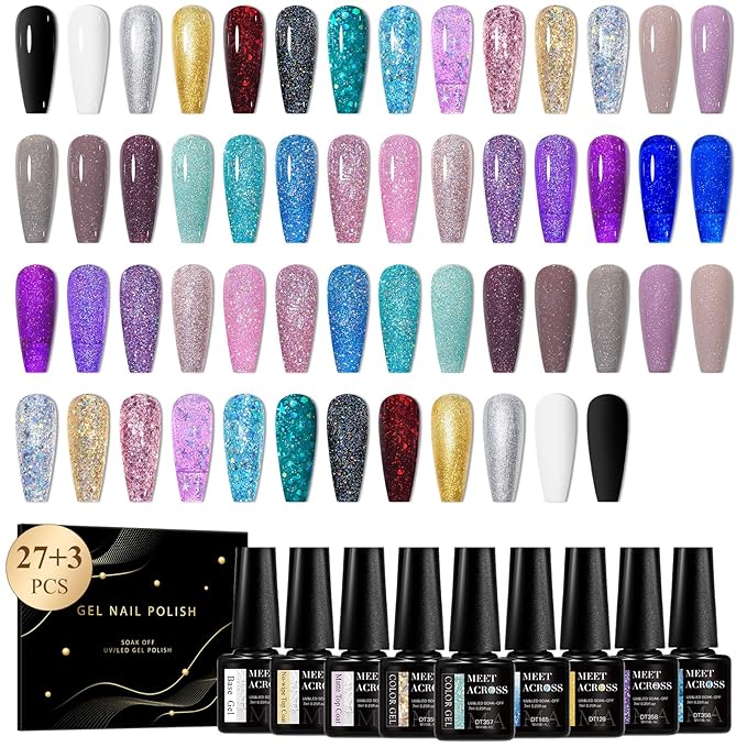 MEET ACROSS Gel Nail Polish Set,Gel Nail Kit Art Design Soak Off UV LED,Nail Art Design Gifts for Women (Set-10, 30PCS)