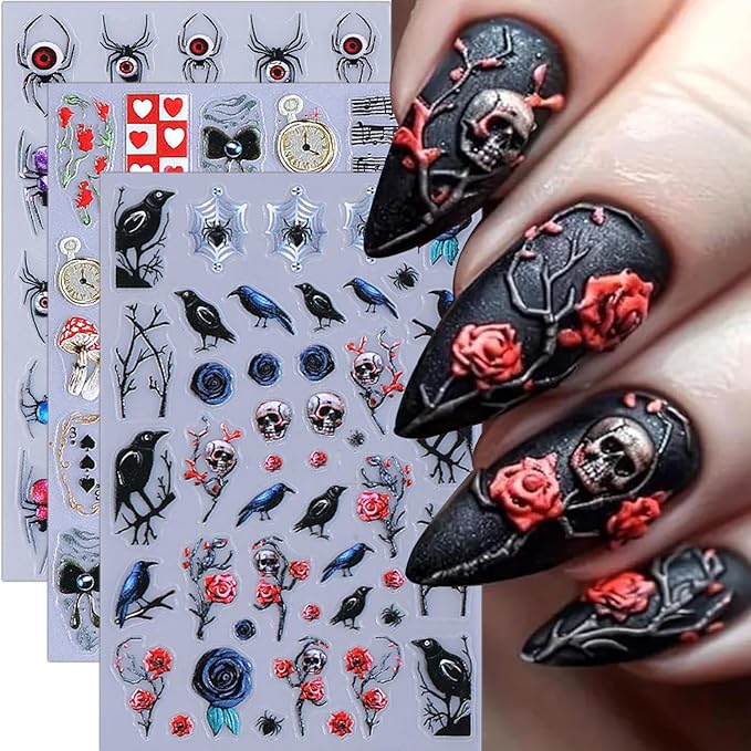 Halloween Nail Stickers 5D Spooky Skull Spider Nail Decals DIY Self Adhesive Mushroom Crow Flower Spider Web Nail Design Sticker Nail Decoration Supplies Holiday Manicure Accessories for Women 3Pcs