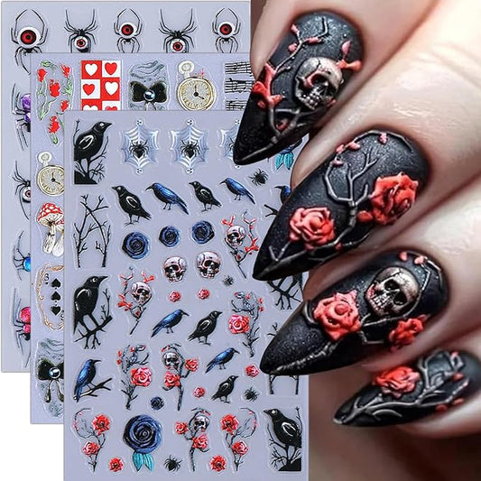 Halloween Nail Stickers 5D Spooky Skull Spider Nail Decals DIY Self Adhesive Mushroom Crow Flower Spider Web Nail Design Sticker Nail Decoration Supplies Holiday Manicure Accessories for Women 3Pcs