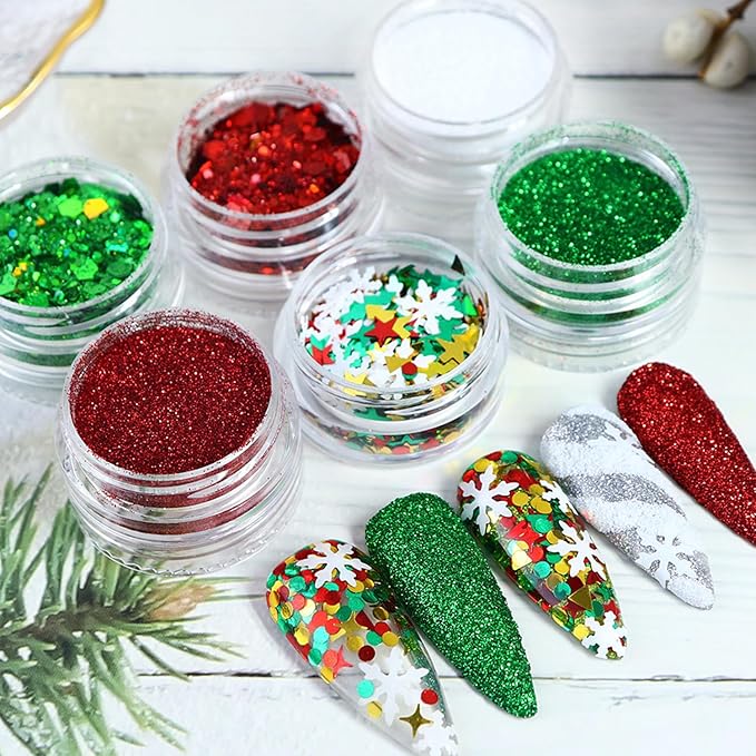 Snowflake Nail Art Glitter Christmas Nail Sequins Flakes, 3 Colors Manicure fine Glitter Powder, 3D Holographic White Green Red Winter Nail Stickers Decals Supplies Nail Charms for Women Girls 6 Box