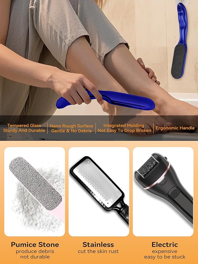 Nano Glass Foot File Foot Callus Remover Scrubber in Shower, Pedicure Tools Feet Scrubber Dead Hard Skin, Anti-Slip Handle Rope & Storage Bag Foot Files for Wet and Dry Feet Care Gift 2Pack