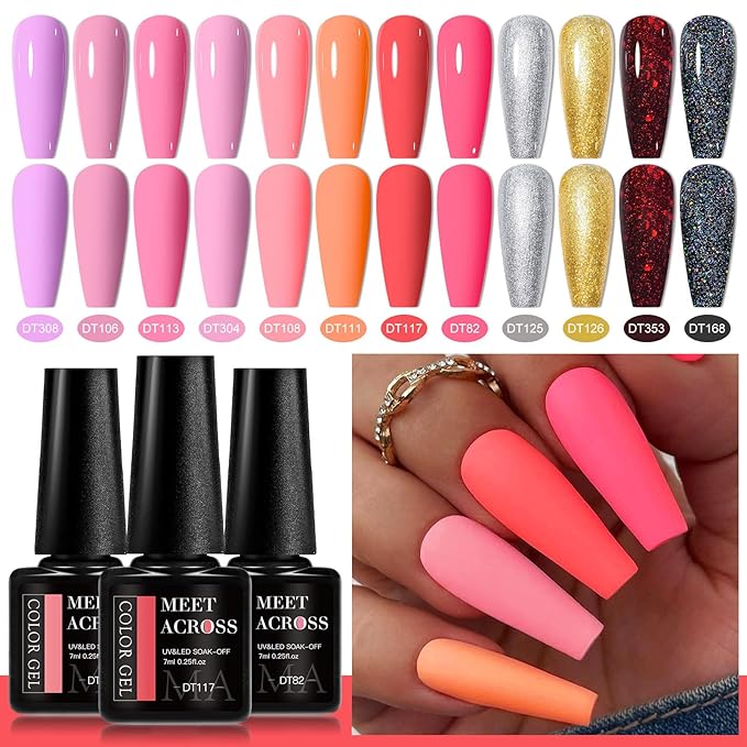 MEET ACROSS 12PCS Gel Nail Polish Set, 12 Colors Gel Nail Kit Art Design Soak Off UV LED,Nail Art Design Gifts for Women (SET-5, 12PCS)