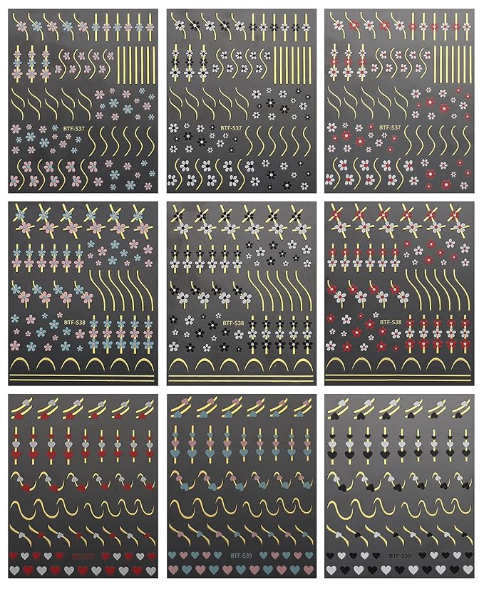 JMEOWIO 9 Sheets Heart Line Flower Nail Art Stickers Decals Self-Adhesive Pegatinas Uñas Colorful Nail Supplies Nail Art Design Decoration Accessories