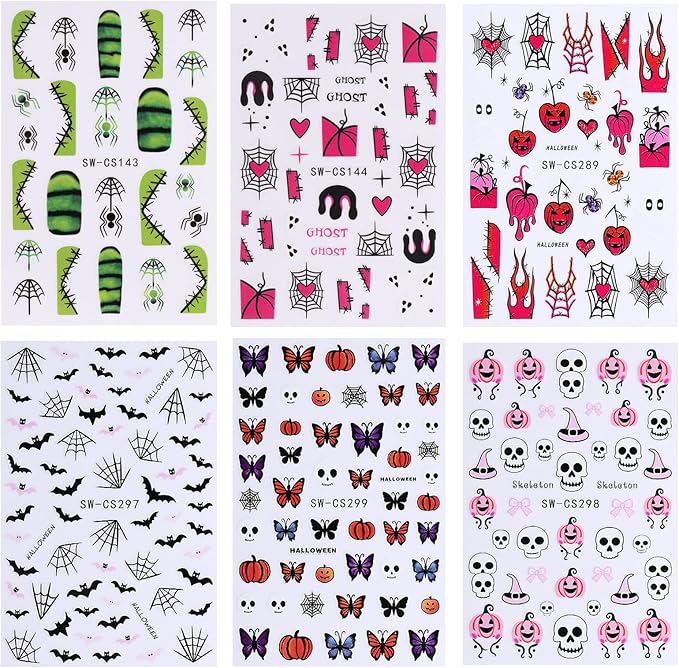 6 Sheets Halloween Nail Art Stickers Decals 3D Self-Adhesive Cartoon Bat Spider Web Skull Nail Stickers French Flame Spider Web Heart Nail Decals Supplies for Women DIY Holiday Manicure Decorations